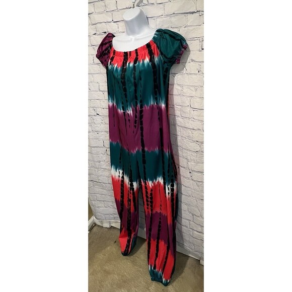 Tie Dye Off the Shoulder Jumpsuit with Pockets, Casual Polyester Large - Picture 5 of 8